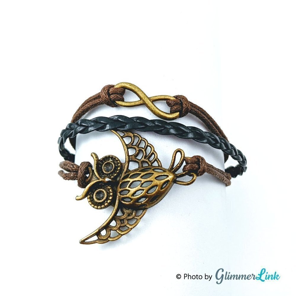Multi Strand Faux Leather Owl Charm Infinity Bracelet